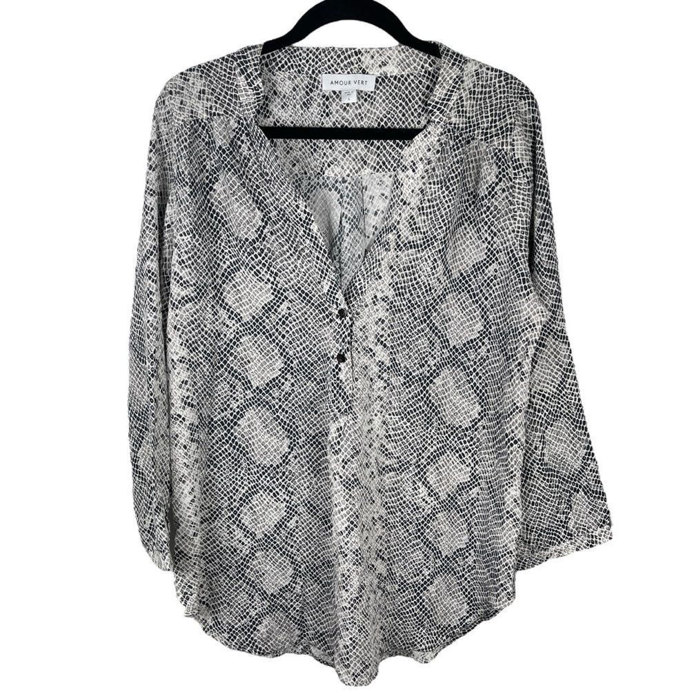 Snake Print Amour Vert 100% Silk 3/4 Top Blouse Women Size Large NWOT MSRP $222